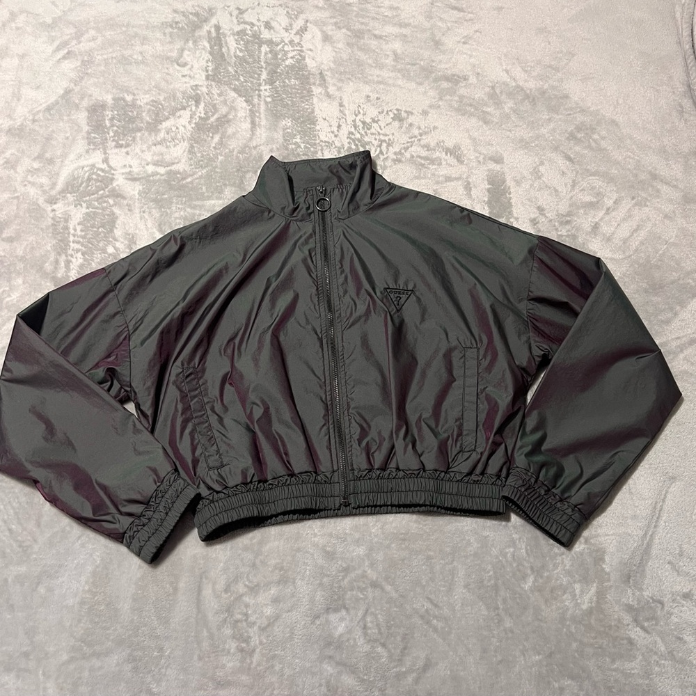 Women’s Guess Black iridescent cropped zipper windbreaker Jacket with pockets(S)